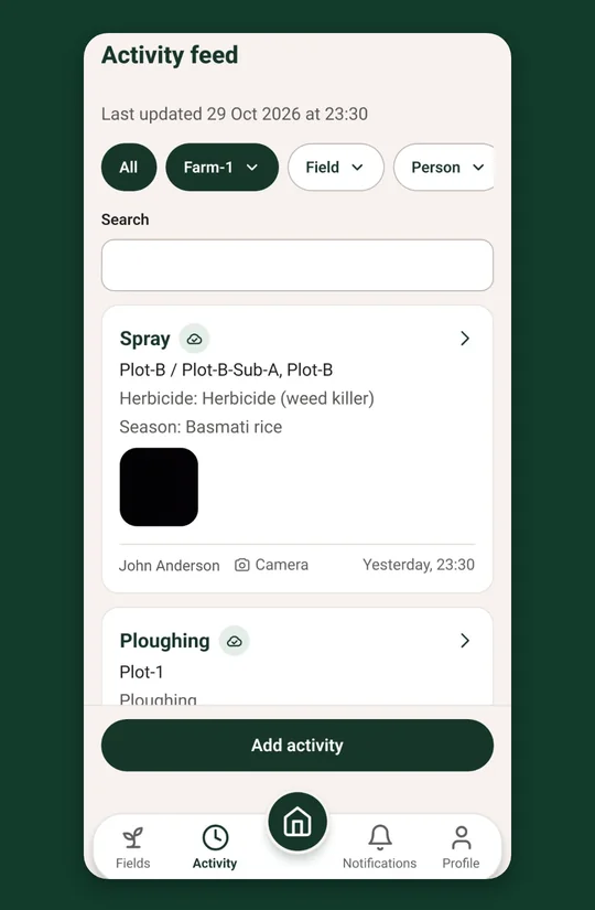 Fasal Track activity feed showing work logged across fields