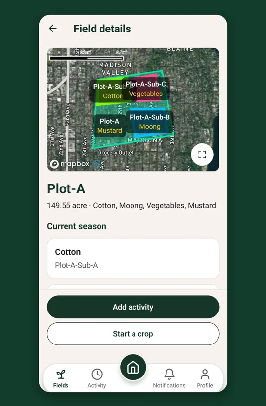 Fasal Track field details showing crop records for a plot
