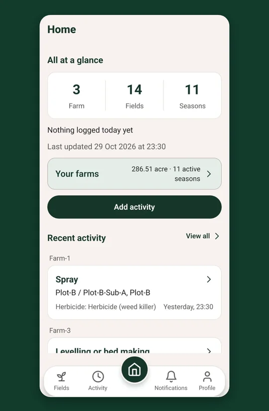 Fasal Track home screen showing farms, fields, seasons and recent activity