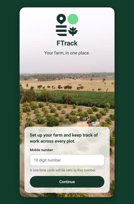 Fasal Track sign-in screen with a mobile number field